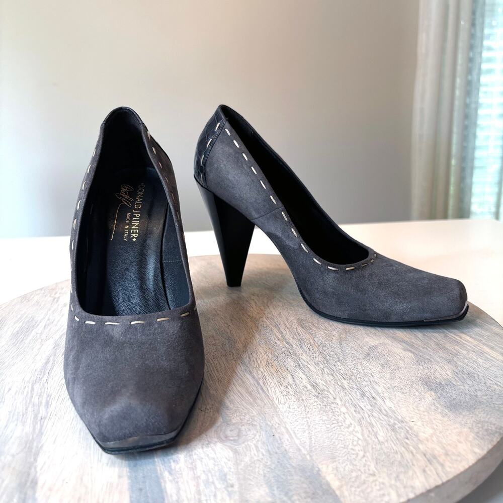 Donald J Pliner Couture Gray Suede Pumps Croc Heel Women's 8.5 M Made in Italy